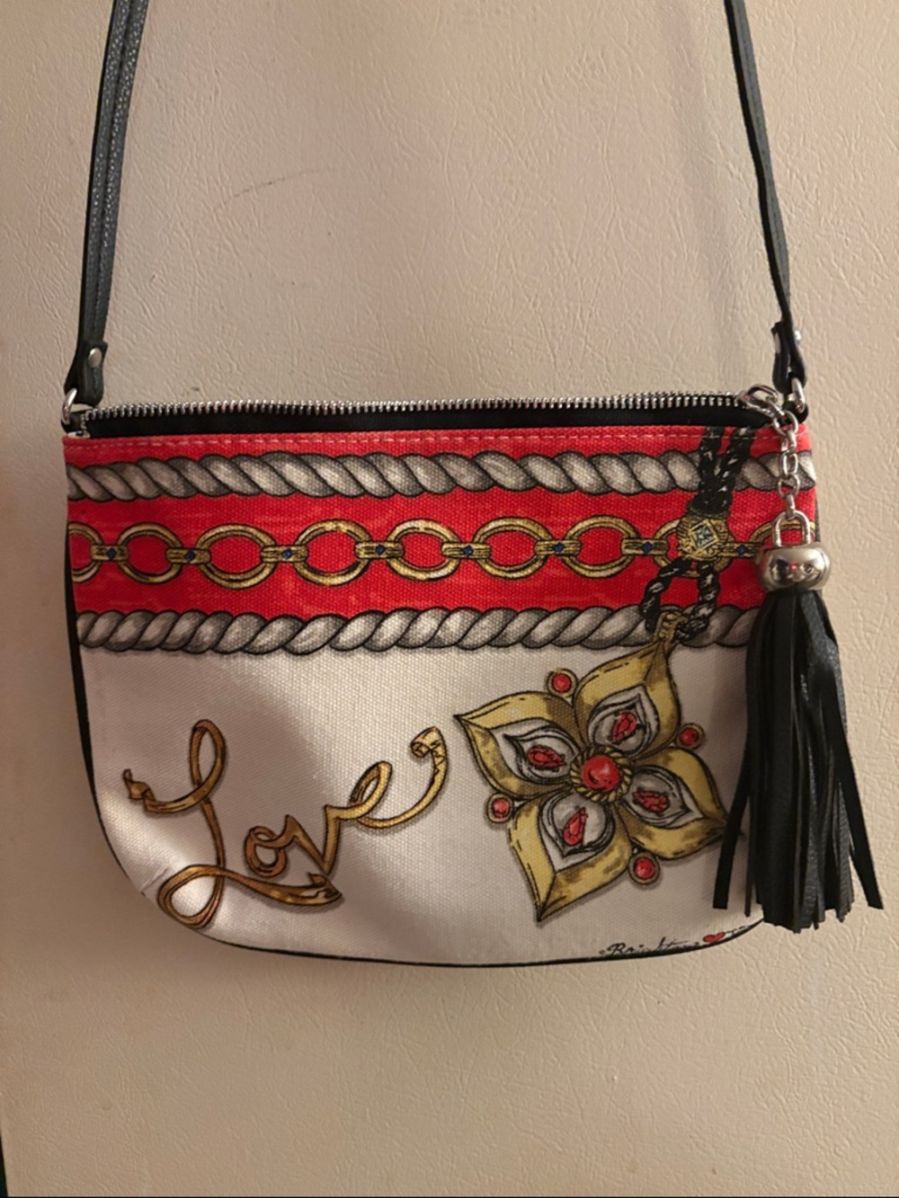 Brighton Women's Canvas Crossbody Bag with Red & Cream Chain Print